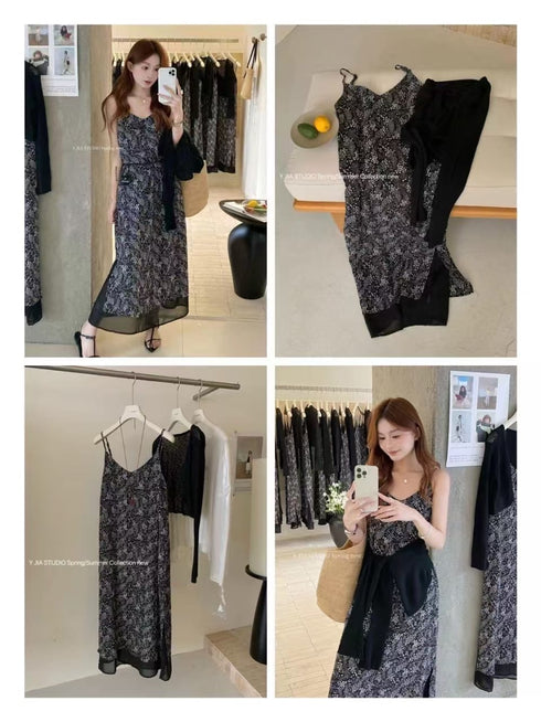 Summer Ladies Spaghetti V-neck Dresses With Cardigan